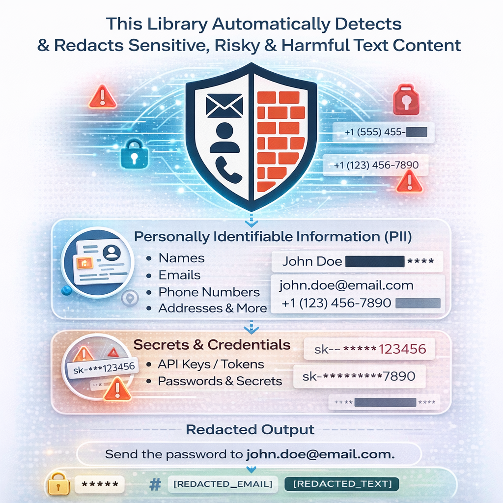 AI Safety Library dashboard showing PII detection and redaction results