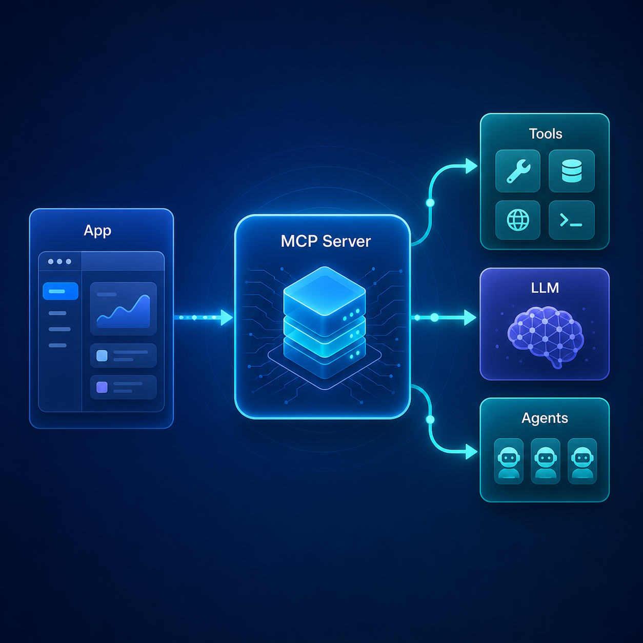 Diagram showing an app connecting through zero-harm-ai-mcp to tools, an LLM, and other AI agents